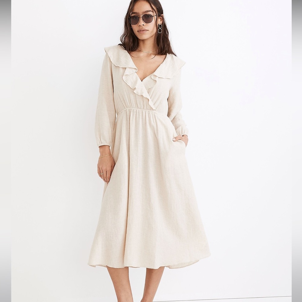 Madewell Linen-Cotton Ruffle-Neck Midi Dress Sz L NE740